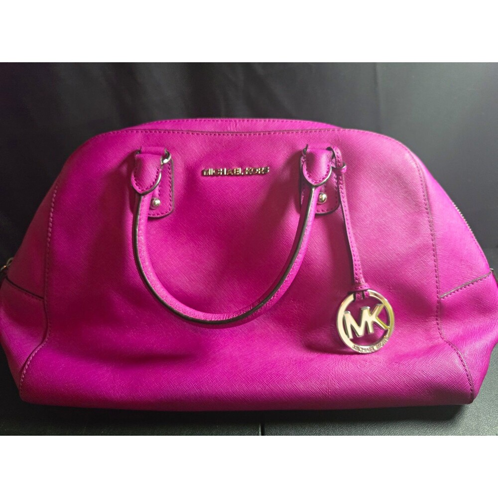 Michael Kors Fuchsia Pink Saffiano Leather Large Dome Satchel Handbag MK Charm